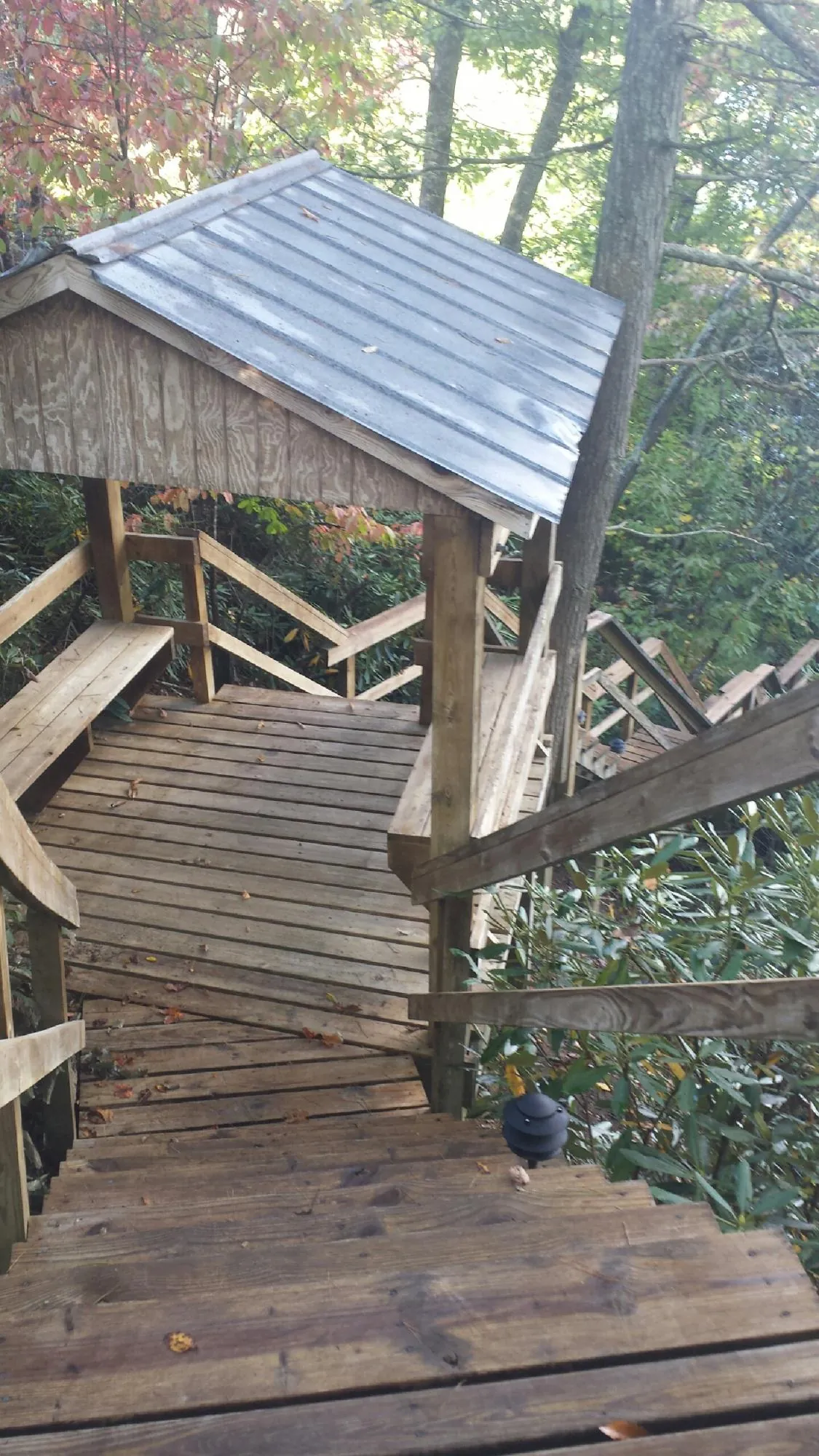 Metal roofed shelter over wooden steps on a wooded walkway — Skylight Repair & Installation work by our crew in Los Altos